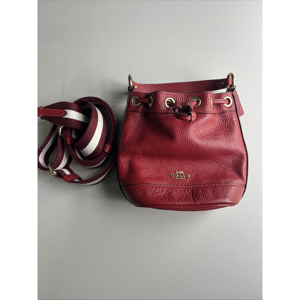 Coach Dempsey Drawstring Bucket Bag Red Pebbled Leather Crossbody C4100